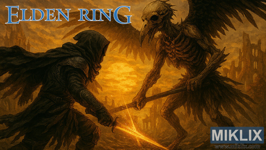 Fan art of Tarnished in Black Knife armor fighting skeletal Deathbird in Elden Ring's Capital Outskirts Fan art of Tarnished in Black Knife armor fighting skeletal Deathbird in Elden Ring's Capital Outskirts