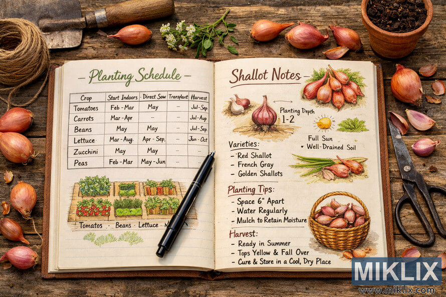 Open garden planning notebook on a rustic wooden table showing a planting schedule and illustrated notes about growing shallots, surrounded by shallots and gardening tools.