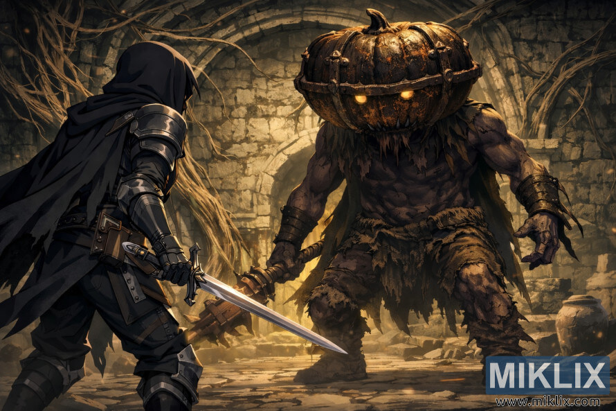 Fan art estilo anime de Elden Ring de um Maculado com armadura de Faca Negra a segurar uma espada, enfrentando o chefe Mad Pumpkin Head nas RuÃ­nas dos Pontos de Passagem pouco antes do combate.