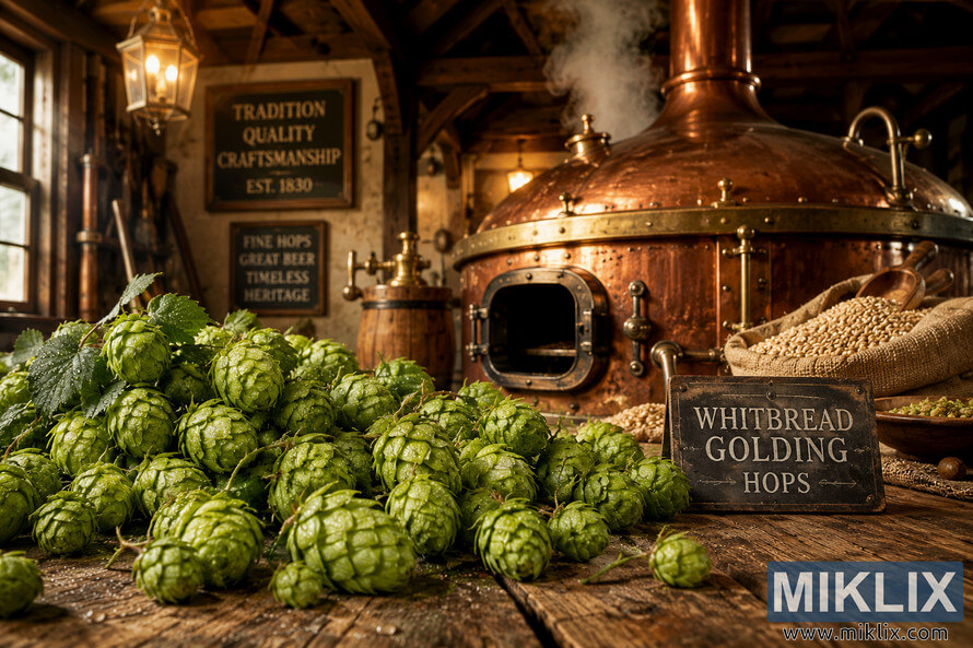 A detailed illustration of dew-covered Whitbread Golding hop cones arranged on a rustic wooden table in the foreground of a traditional brewery. A steaming vintage copper brewing kettle is surrounded by barley grains and classic brewing tools, while exposed wooden beams and warm amber lighting create a cozy atmosphere that celebrates brewing heritage and craftsmanship. A detailed illustration of dew-covered Whitbread Golding hop cones arranged on a rustic wooden table in the foreground of a traditional brewery. A steaming vintage copper brewing kettle is surrounded by barley grains and classic brewing tools, while exposed wooden beams and warm amber lighting create a cozy atmosphere that celebrates brewing heritage and craftsmanship.