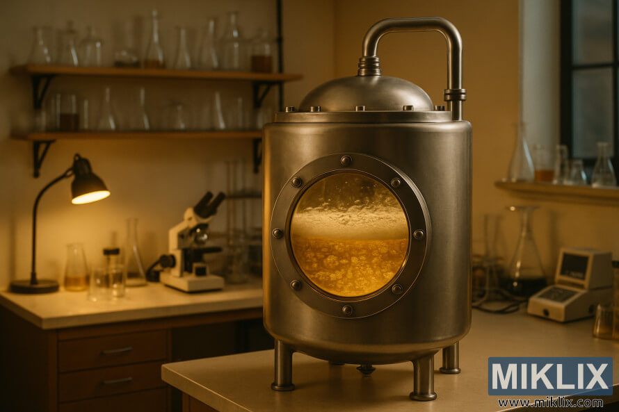 Tankin fermentation bakin karfe tare da taga gilashin yana nuna kumfa mai aiki, saita a cikin dakin gwaje-gwaje mai dadi tare da kayan aikin kimiyya a bango. Tankin fermentation bakin karfe tare da taga gilashin yana nuna kumfa mai aiki, saita a cikin dakin gwaje-gwaje mai dadi tare da kayan aikin kimiyya a bango.