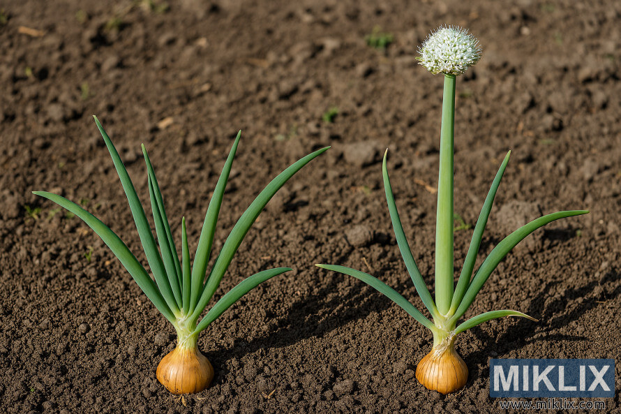 Landscape photo showing a healthy onion plant beside a bolted onion with a tall flower stalk and spherical white inflorescence.