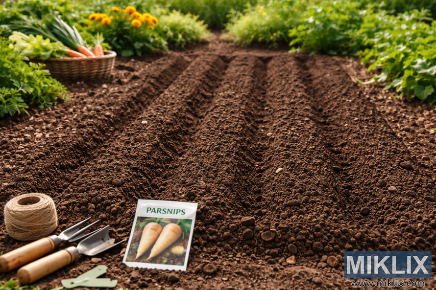 Freshly prepared garden bed with loose dark soil arranged in rows, gardening tools and a parsnip seed packet ready for planting