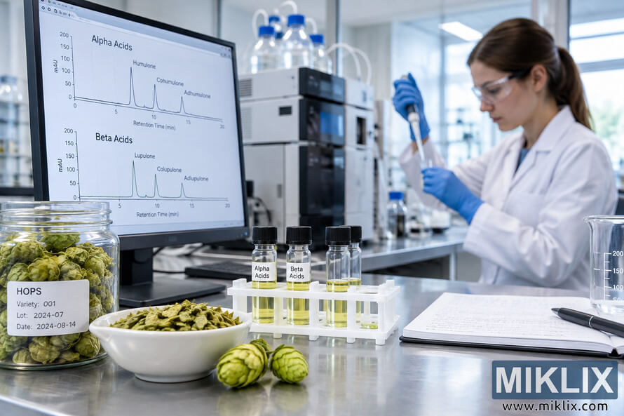 Scientist in a modern laboratory analyzes hop alpha and beta acids using prepared hop samples, labeled vials, a micropipette, chromatography equipment, and chromatograms displayed on a computer monitor. Scientist in a modern laboratory analyzes hop alpha and beta acids using prepared hop samples, labeled vials, a micropipette, chromatography equipment, and chromatograms displayed on a computer monitor.