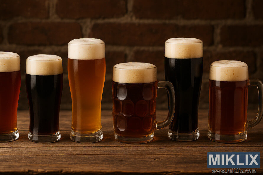 VokiÅ¡ko stiliaus alaus asortimentas iÅ¡skirtiniuose stikliniuose induose ant kaimiÅ¡ko medÅ¾io prieÅ¡ais plytÅ³ sienÄ.