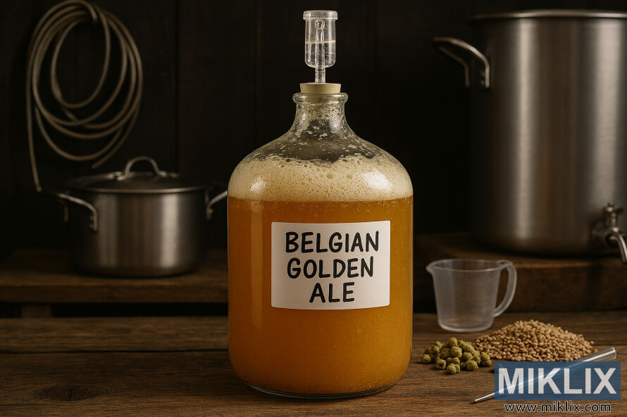 Glass carboy fermenting Belgian Golden Ale with krausen and brewing equipment on a wooden bench Glass carboy fermenting Belgian Golden Ale with krausen and brewing equipment on a wooden bench