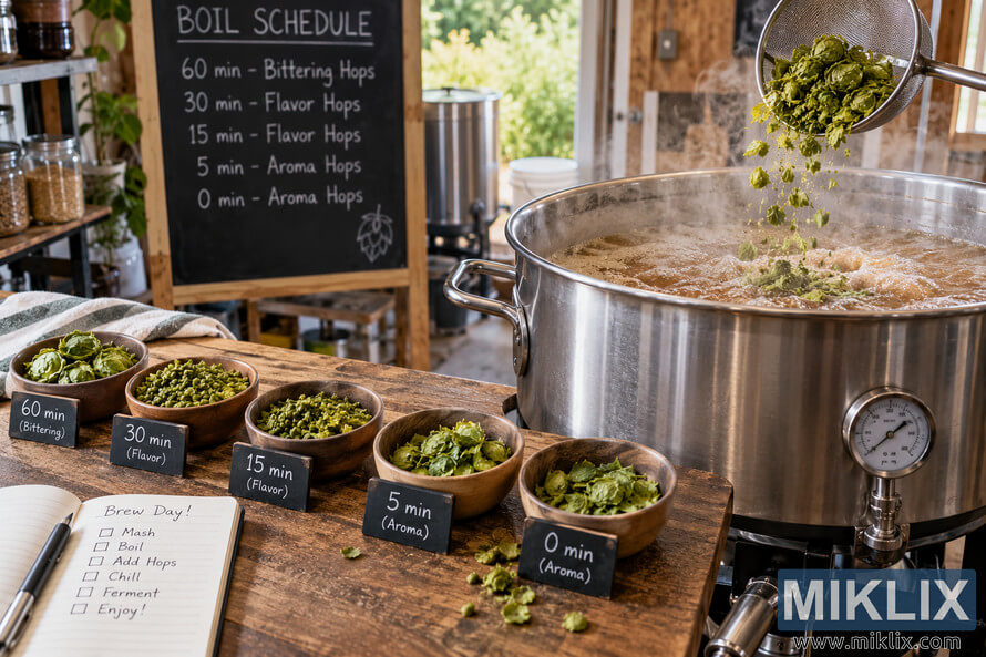 Landscape photo of a homebrewing setup with a steaming stainless-steel kettle of boiling wort, hops falling into the kettle, and five labeled bowls showing 60-, 30-, 15-, 5-, and 0-minute hop additions for bitterness, flavor, and aroma.