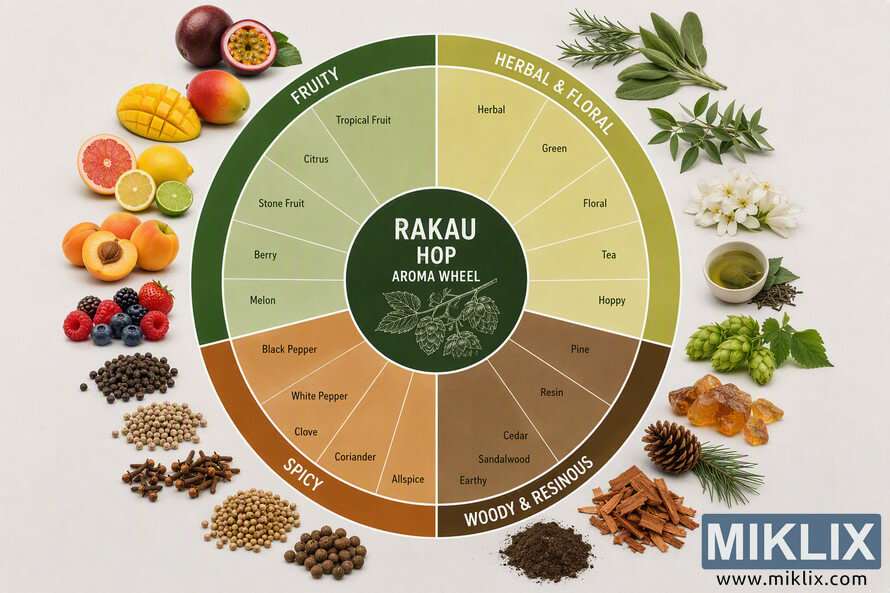 Detailed aroma wheel infographic for Rakau hop displayed in a circular format. The wheel is divided into Fruity, Herbal & Floral, Woody & Resinous, and Spicy categories. Flavor descriptors include tropical fruit, citrus, stone fruit, berry, melon, herbal, green, floral, tea, hoppy, pine, resin, cedar, sandalwood, earthy, black pepper, white pepper, clove, coriander, and allspice. Surrounding the wheel are photographic ingredient illustrations such as mango, passion fruit, citrus fruits, apricots, berries, herbs, flowers, tea, hop cones, pine elements, resin, wood chips, peppercorns, cloves, coriander seeds, and allspice. The design uses green, gold, brown, and orange tones on a light neutral background.