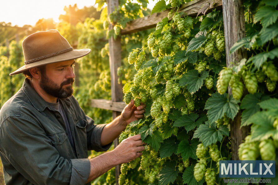Gardener inspecting green hop cones on a lush Azacca hop plant growing across a rustic wooden trellis in warm golden hour sunlight.