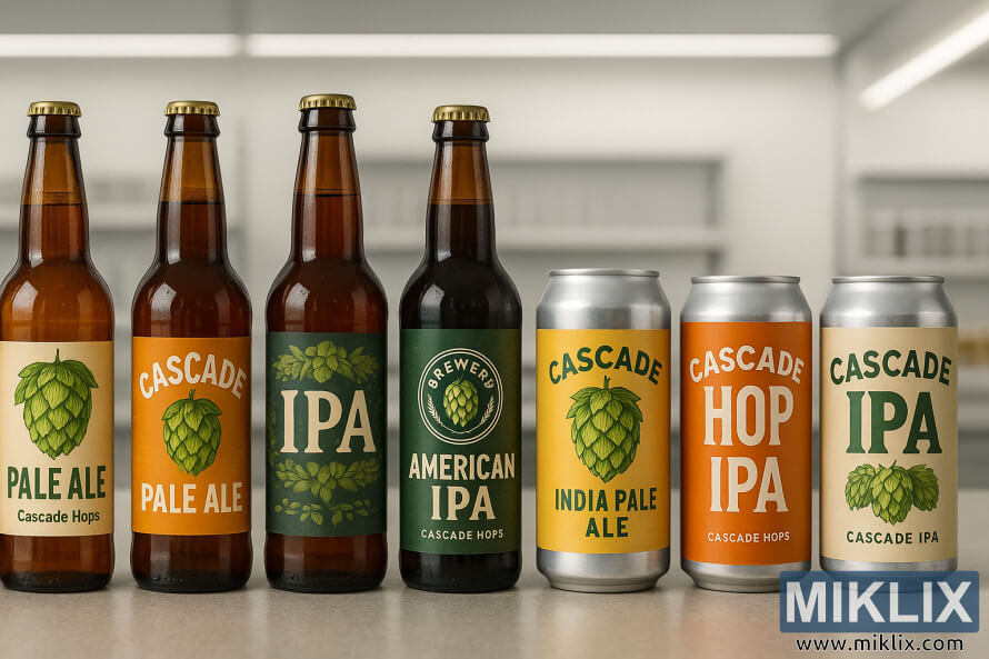 Display of beer bottles and cans featuring Cascade hops in a modern retail setting. Display of beer bottles and cans featuring Cascade hops in a modern retail setting.
