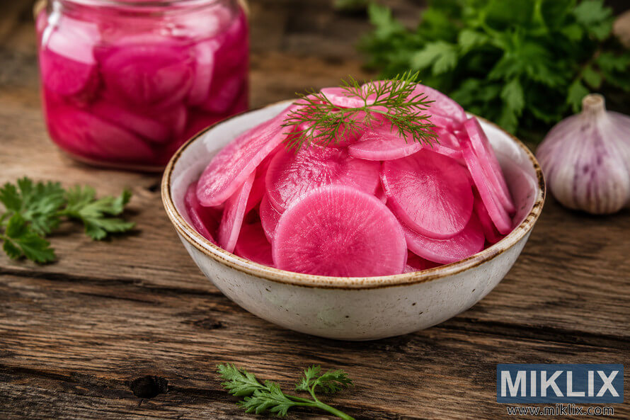 A rustic ceramic bowl filled with vibrant pink pickled and fermented radish slices sits on a weathered wooden table, accompanied by a glass jar of preserved radishes, fresh herbs, and a garlic bulb in a softly blurred background.