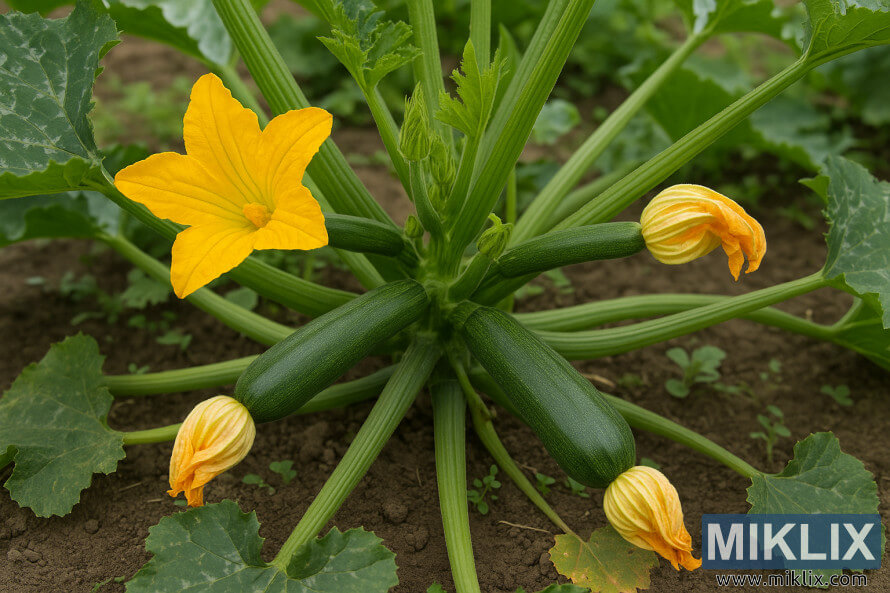 BahÃ§ede yetiÅen, parlak sarÄ± Ã§iÃ§ekleri ve geliÅmekte olan yeÅil meyveleri olan saÄlÄ±klÄ± bir kabak bitkisi.