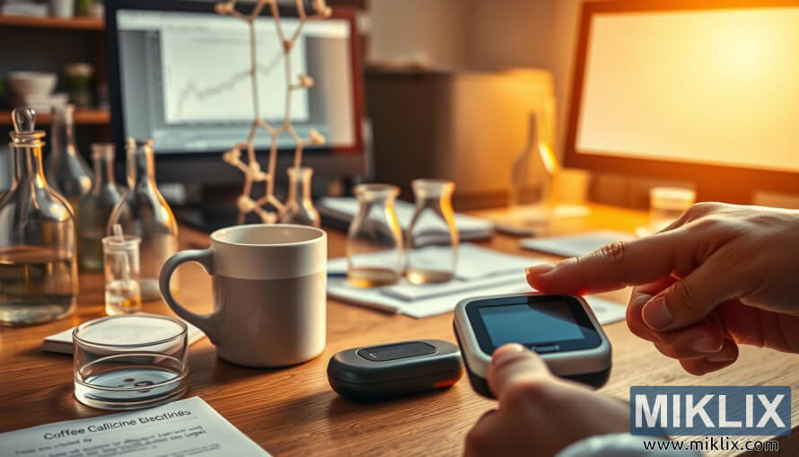 Hrnek na kÃ¡vu s pÃ¡rou na dÅevÄnÃ©m stole vedle laboratornÃ­ho skla, glukÃ³zovÃ©ho monitoru a vÃ½zkumnÃ©ho zaÅÃ­zenÃ­.