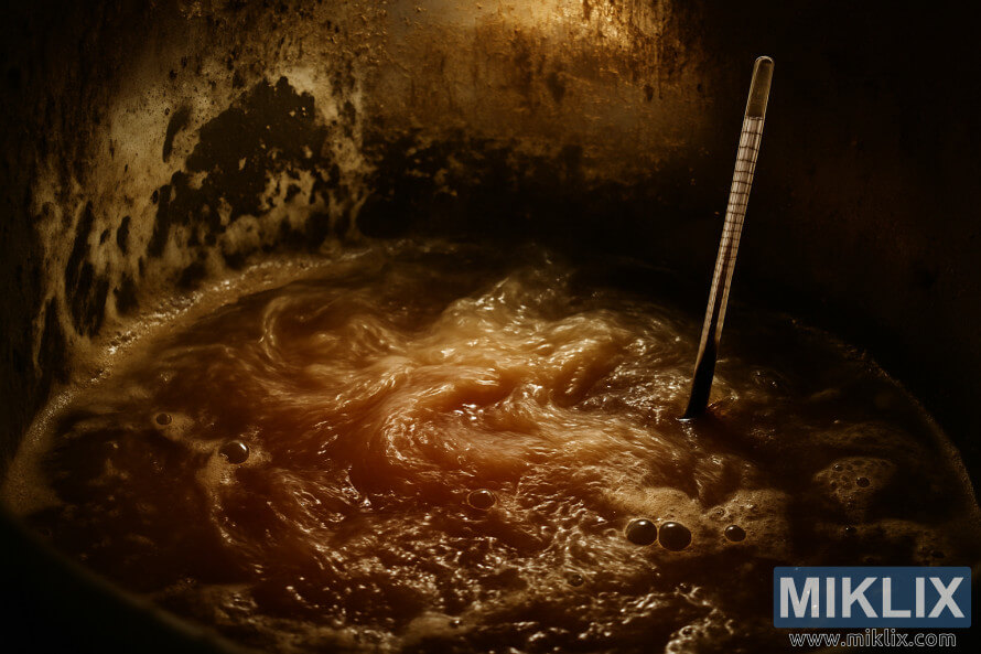 Bá» lÃªn men cÃ³ Ã¡nh sÃ¡ng má» áº£o vá»i cháº¥t lá»ng má» Äá»¥c xoÃ¡y vÃ  cáº·n bá»t.