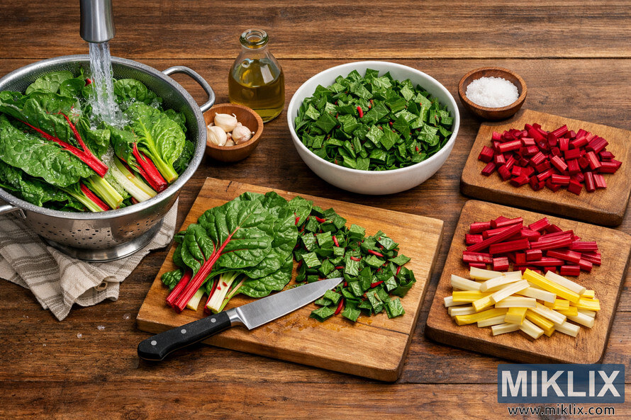 A detailed photo showing the step-by-step preparation of Swiss chard on a rustic wooden countertop, including washing, cutting, and separating stems and leaves.