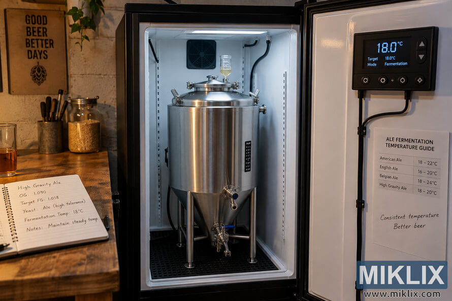Stainless-steel conical fermenter inside an open temperature-controlled chamber set to 18°C, beside brewing notes and an ale temperature guide. Stainless-steel conical fermenter inside an open temperature-controlled chamber set to 18°C, beside brewing notes and an ale temperature guide.