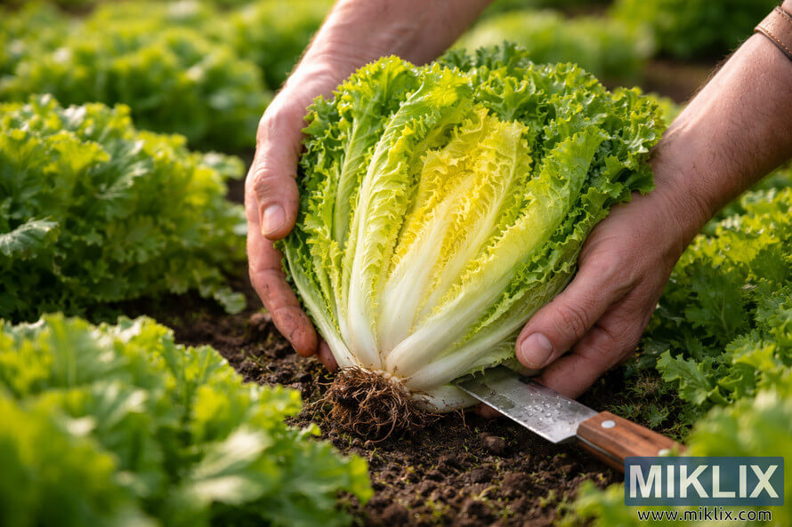 Close-up of hands holding a freshly harvested endive head with roots and a garden knife in rich soil, surrounded by green leafy plants.