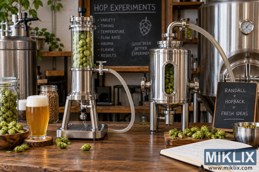 Landscape photo of an advanced homebrewing workspace with stainless-steel Randall-style hop infuser and hopback equipment filled with green hops, connected by brewing hoses on a wooden workbench, alongside a glass of golden beer, loose hop cones, brewing ingredients, an open experiment notebook, and stainless brewing vessels in the background. Landscape photo of an advanced homebrewing workspace with stainless-steel Randall-style hop infuser and hopback equipment filled with green hops, connected by brewing hoses on a wooden workbench, alongside a glass of golden beer, loose hop cones, brewing ingredients, an open experiment notebook, and stainless brewing vessels in the background.