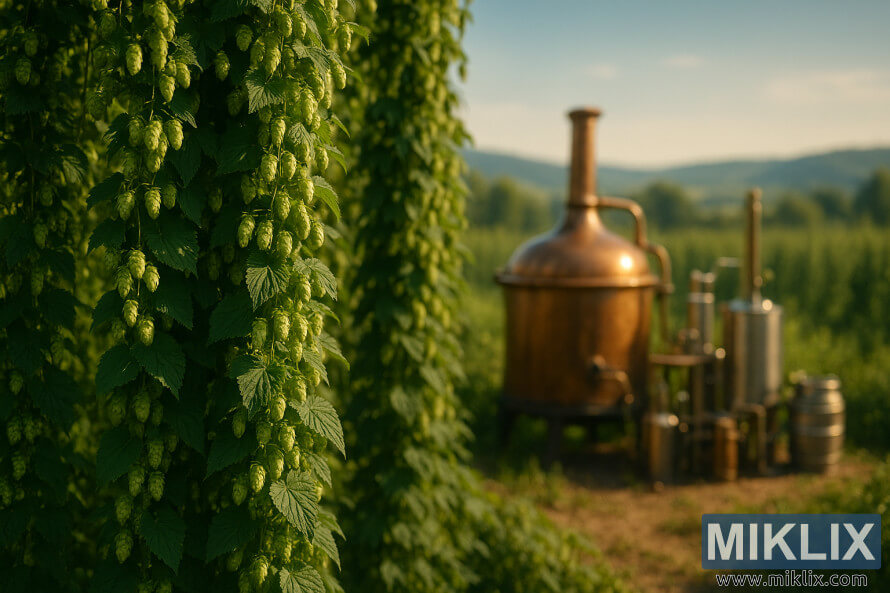 Fusha e humulit nÃ« Lubelska me kazan pÃ«r prodhimin e birrÃ«s dhe pajisje nÃ«n rrezet e arta tÃ« diellit