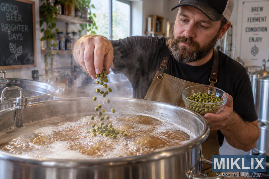 Homebrewer in an apron adding green hop pellets from a glass bowl to a steaming stainless-steel kettle of vigorously boiling amber wort during a late-stage brewing process. Homebrewer in an apron adding green hop pellets from a glass bowl to a steaming stainless-steel kettle of vigorously boiling amber wort during a late-stage brewing process.