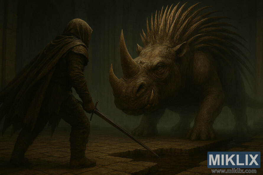 Realistic dark fantasy art of the Tarnished in Black Knife armor confronting a massive horned hippopotamus-like boss with spiked back in Elden Ring: Shadow of the Erdtree