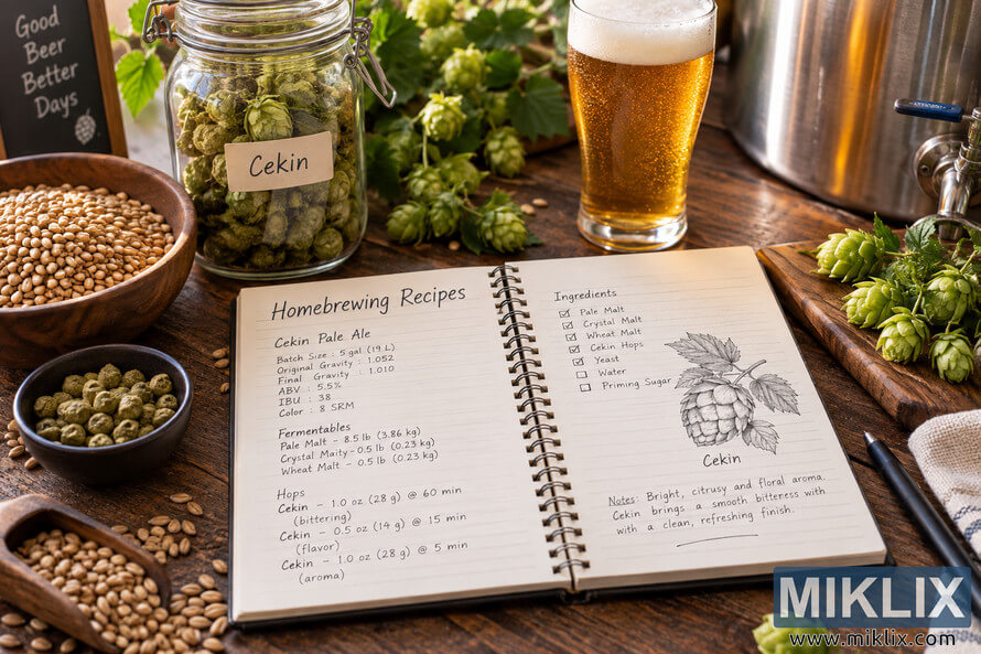 Open homebrewing recipe notebook for Cekin Pale Ale on a rustic wooden table, surrounded by Cekin hops, brewing grain, hop pellets, fresh hop cones, a glass of golden beer, and brewing equipment.