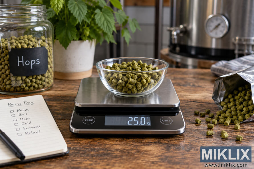 Glass bowl of green hop pellets weighing 25.0 grams on a digital brewing scale on a wooden countertop, with brewing equipment and hop supplies in the background. Glass bowl of green hop pellets weighing 25.0 grams on a digital brewing scale on a wooden countertop, with brewing equipment and hop supplies in the background.