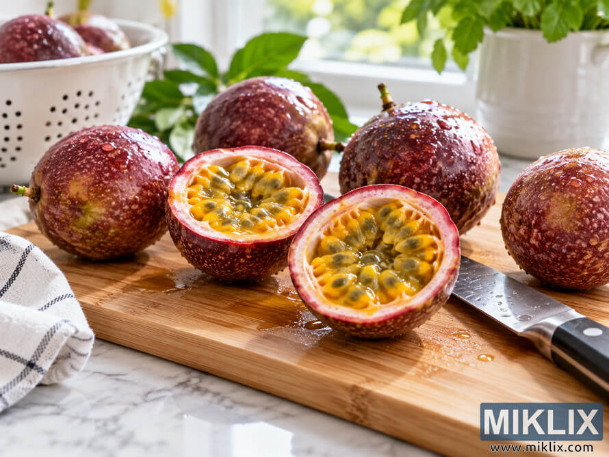 Ripe passion fruits, including two cut halves with golden pulp, on a clean wooden cutting board with a knife, towel, colander, and green plants. Ripe passion fruits, including two cut halves with golden pulp, on a clean wooden cutting board with a knife, towel, colander, and green plants.