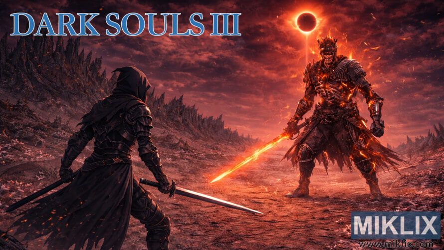 一幅黑暗奇幻风格的同人画，描绘了在日食笼罩下，灰烬覆盖的战场上，一位身披暗影铠甲的战士与一位手持火焰之剑的巍峨烈焰骑士对峙的场景。