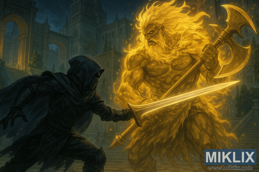 Mynd à anime-stÃl af Tarnished in Black Knife brynjunni sem berst við Godfrey, fyrsta öldungaherrann, à Leyndell. Mynd à anime-stÃl af Tarnished in Black Knife brynjunni sem berst við Godfrey, fyrsta öldungaherrann, à Leyndell.