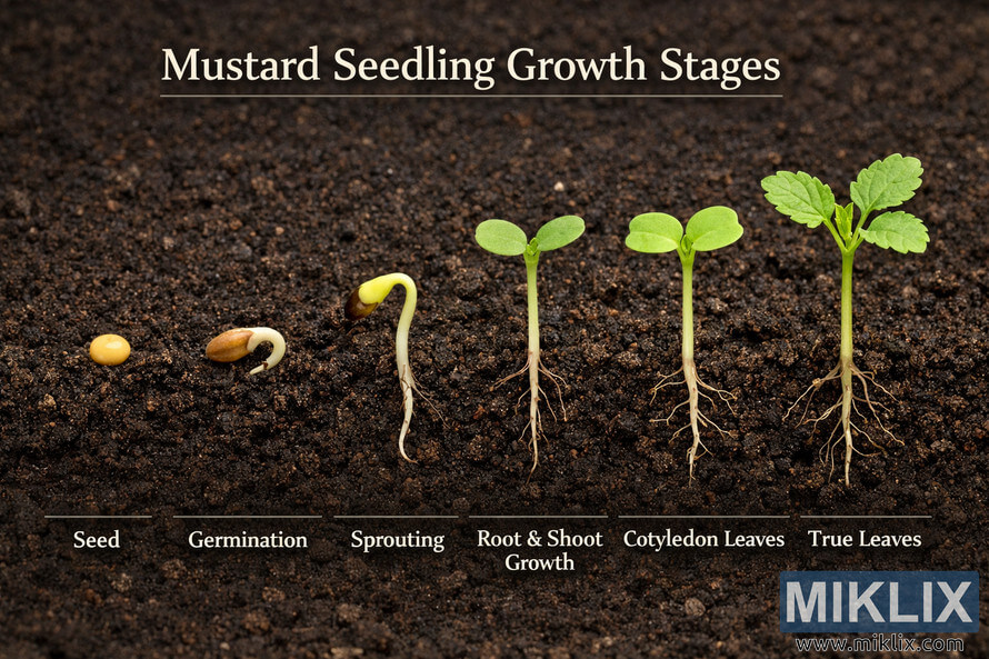 Landscape photo comparison of mustard seedling growth stages showing seed, germination, sprouting, cotyledons, and true leaves emerging from dark soil.