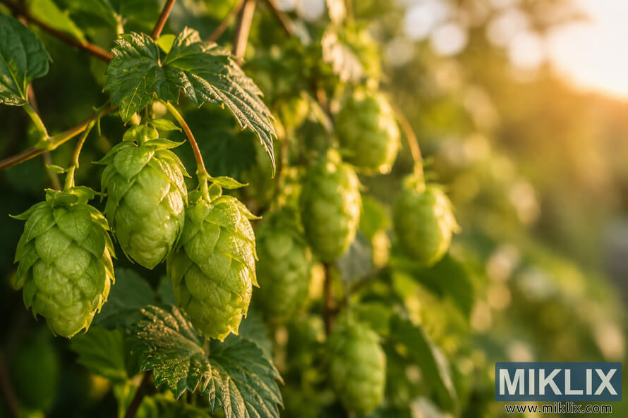 Close-up of fresh green Precoce de Bourgogne hop cones with dew on intertwined vines, softly lit by warm late-afternoon sun in a blurred garden setting.