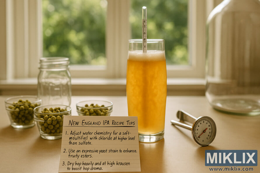 Stacion i organizuar për përgatitjen e birrës në shtëpi me një kartë recete, humlulë, xham hidrometri dhe rrezet e ngrohta të diellit në një banak kuzhine. Stacion i organizuar për përgatitjen e birrës në shtëpi me një kartë recete, humlulë, xham hidrometri dhe rrezet e ngrohta të diellit në një banak kuzhine.