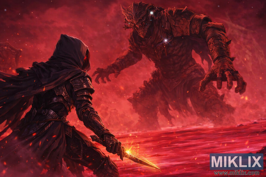 UmjetniÄka slika obožavatelja u anime stilu koja prikazuje Potamnjelog u oklopu Crnog noža okrenutog prema visokom Zmajevom vojniku usred grimiznih voda i magle Jezera truleži. UmjetniÄka slika obožavatelja u anime stilu koja prikazuje Potamnjelog u oklopu Crnog noža okrenutog prema visokom Zmajevom vojniku usred grimiznih voda i magle Jezera truleži.