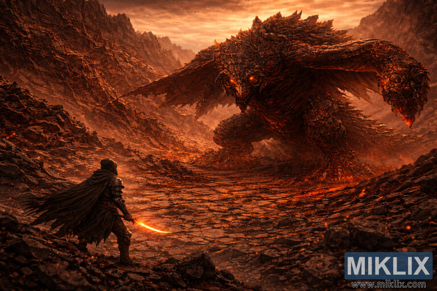 Kõrgendatud isomeetriline vaade mustas noas soomusrüüst, mis on päikeseloojangul vulkaanilises orus kolossaalse Bayle'i õuduse vastas. Kõrgendatud isomeetriline vaade mustas noas soomusrüüst, mis on päikeseloojangul vulkaanilises orus kolossaalse Bayle'i õuduse vastas.