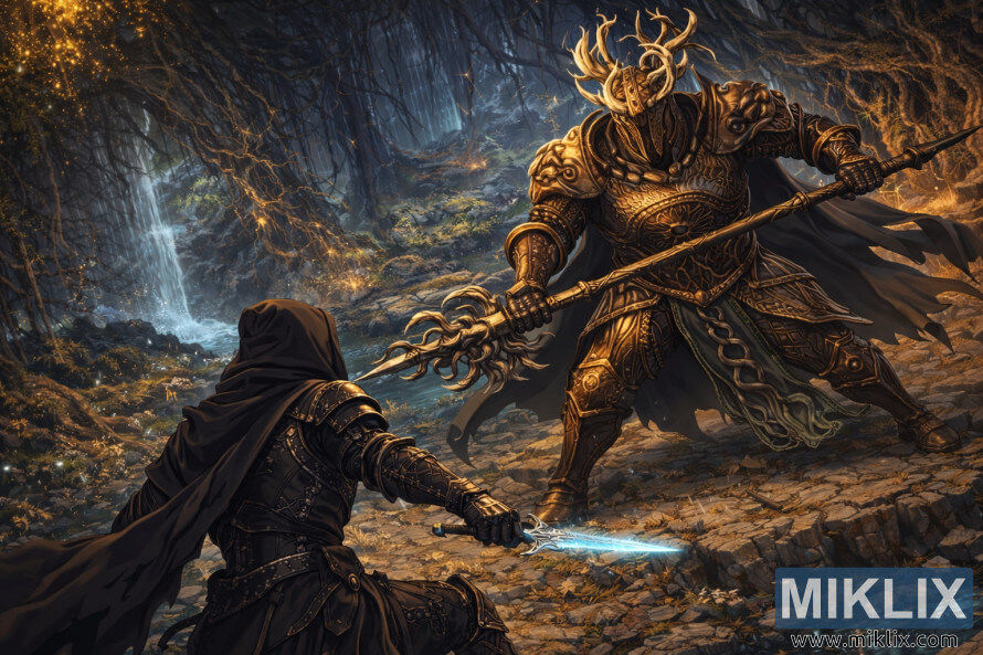 Fankunst i anime-stil, der viser Tarnished bagfra konfrontere en tÃ¥rnhÃ¸j Crucible Knight Siluria i de glÃ¸dende huler i Deeproot Depths.