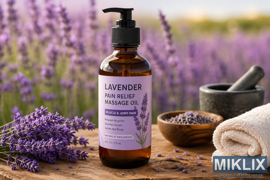 Amber glass bottle of lavender pain relief massage oil displayed on a rustic wooden surface with fresh lavender flowers, spa towel, and herbal bowl in a calming lavender field setting. Amber glass bottle of lavender pain relief massage oil displayed on a rustic wooden surface with fresh lavender flowers, spa towel, and herbal bowl in a calming lavender field setting.