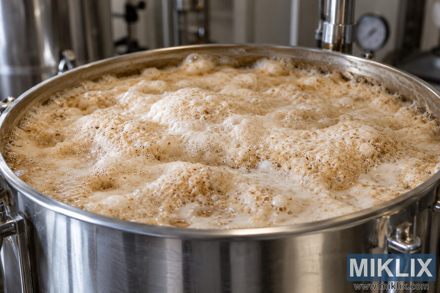 Close-up of thick, vigorously bubbling beige krausen filling the open top of a stainless-steel fermentation vessel.