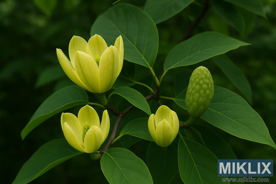 Gros plan dâune branche dâarbre de magnolia concombre montrant des fleurs en forme de tulipe jaunâtre-vert et des fruits semblables à des concombres parmi des feuilles vertes brillantes. Gros plan dâune branche dâarbre de magnolia concombre montrant des fleurs en forme de tulipe jaunâtre-vert et des fruits semblables à des concombres parmi des feuilles vertes brillantes.
