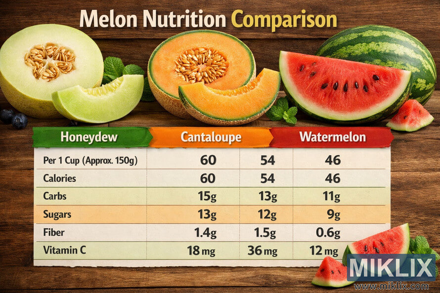 Infographic comparing the nutrition of honeydew, cantaloupe, and watermelon, with sliced melons and a detailed table of calories, carbs, sugars, fiber, and vitamin C per one cup serving. Infographic comparing the nutrition of honeydew, cantaloupe, and watermelon, with sliced melons and a detailed table of calories, carbs, sugars, fiber, and vitamin C per one cup serving.