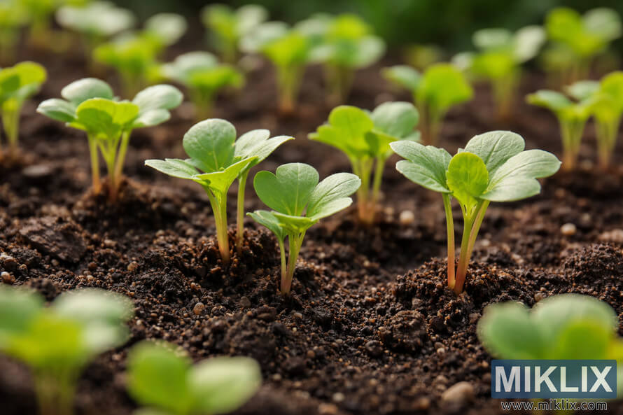 Close-up of young radish seedlings sprouting from dark soil with their first true leaves under soft natural light.