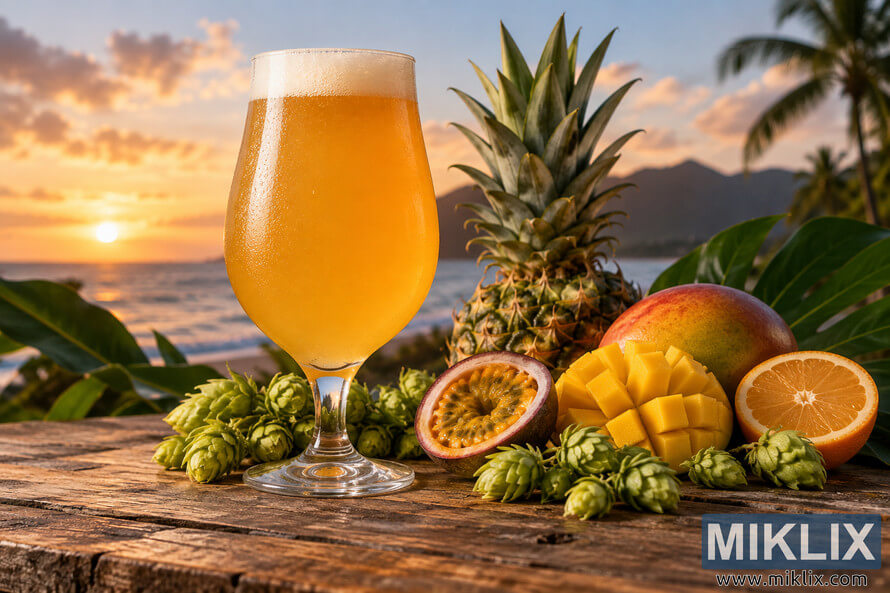 Hazy golden beer in a stemmed glass with hops, pineapple, mango, passion fruit and citrus on a wooden table beside a tropical beach at sunset. Hazy golden beer in a stemmed glass with hops, pineapple, mango, passion fruit and citrus on a wooden table beside a tropical beach at sunset.