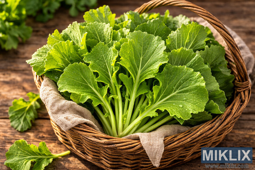 Rustic wicker basket filled with fresh mustard greens on a wooden table in warm natural sunlight.