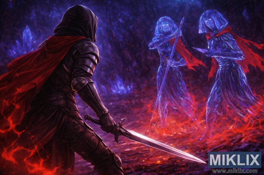 Anime-style fan art showing the Tarnished in Black Knife armor from behind, wielding a sword while cautiously facing two glowing Crystalian bosses inside Elden Ringâs Academy Crystal Cave.