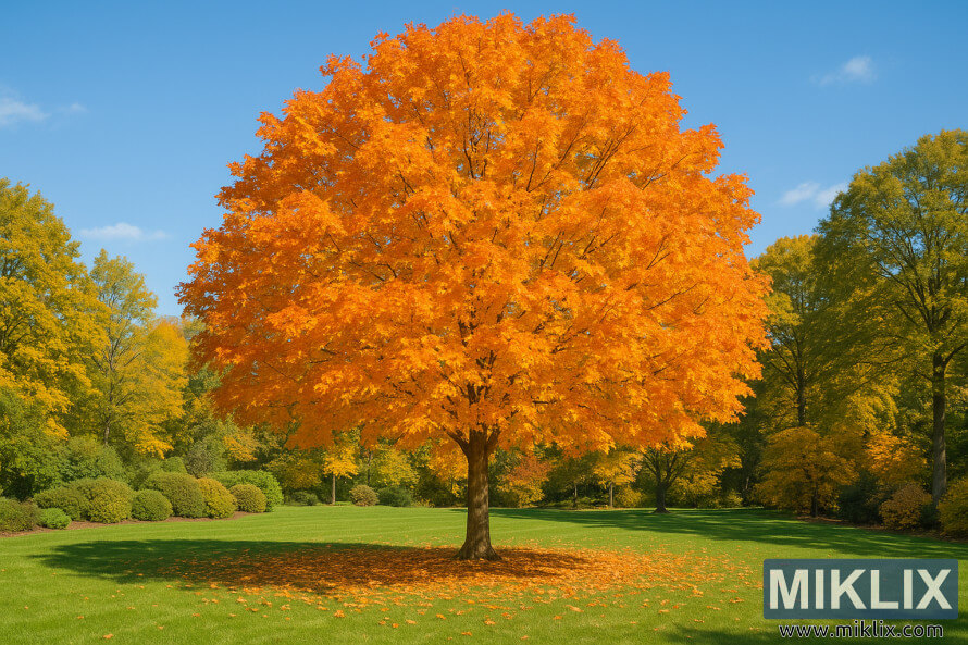 Ãrable Ã  sucre aux couleurs automnales avec des feuilles dorÃ©es et oranges dans un jardin.