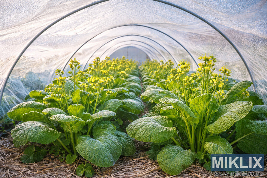 Mustard plants growing vigorously under white row cover fabric in a winter garden, with soft daylight filtering through the protective tunnel.