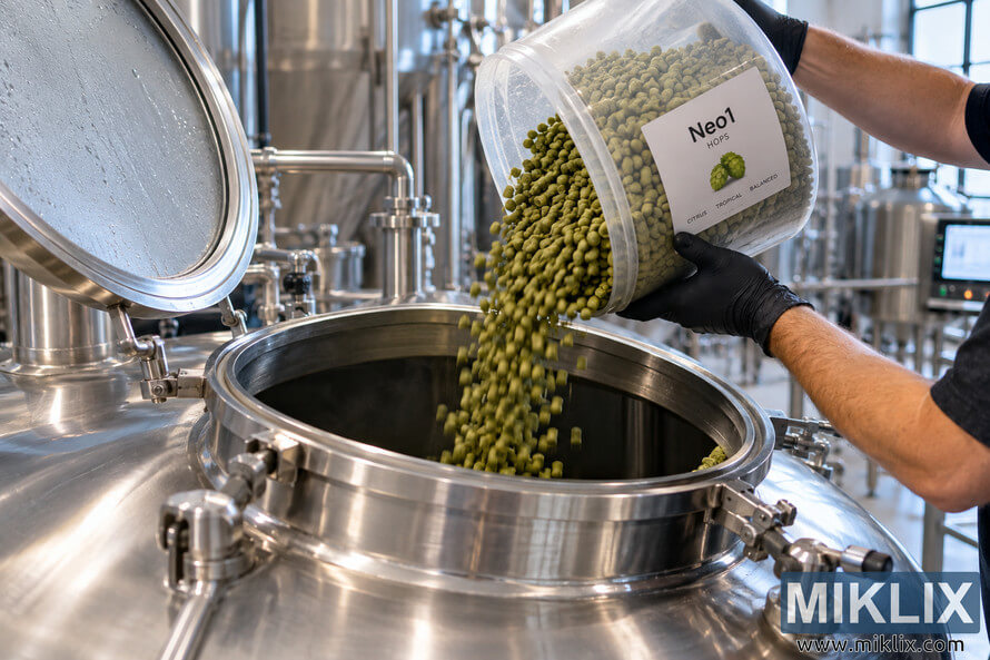 Brewery worker wearing black gloves pours green Neo1 hop pellets from a container into an open stainless-steel fermenter during the dry hopping process.