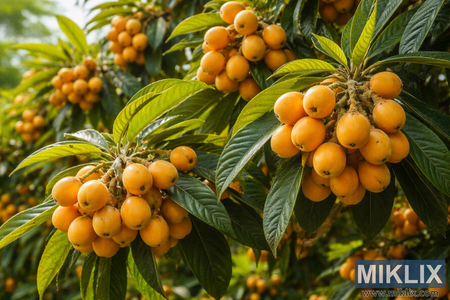 Clusters of ripe golden loquats hanging from healthy branches with glossy green leaves in warm sunlight Clusters of ripe golden loquats hanging from healthy branches with glossy green leaves in warm sunlight