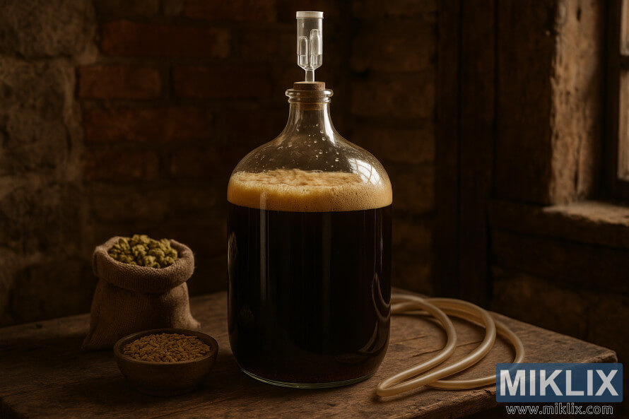 Dark Belgian ale fermenting in a clear glass carboy on a rustic wooden table with hops and malt in a traditional Belgian homebrewing cellar.