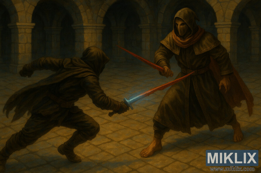 TumÅ¡as fantÄzijas aina, kurÄ AptraipÄ«tais met lÄcienus ar mirdzoÅ¡u dunci, kamÄr maskÄ tÄrpts Sangviniskais CÄls stÄjas pretÄ« AsiÅainajai Heliksei silti apgaismotÄ pazemes cietumÄ. TumÅ¡as fantÄzijas aina, kurÄ AptraipÄ«tais met lÄcienus ar mirdzoÅ¡u dunci, kamÄr maskÄ tÄrpts Sangviniskais CÄls stÄjas pretÄ« AsiÅainajai Heliksei silti apgaismotÄ pazemes cietumÄ.